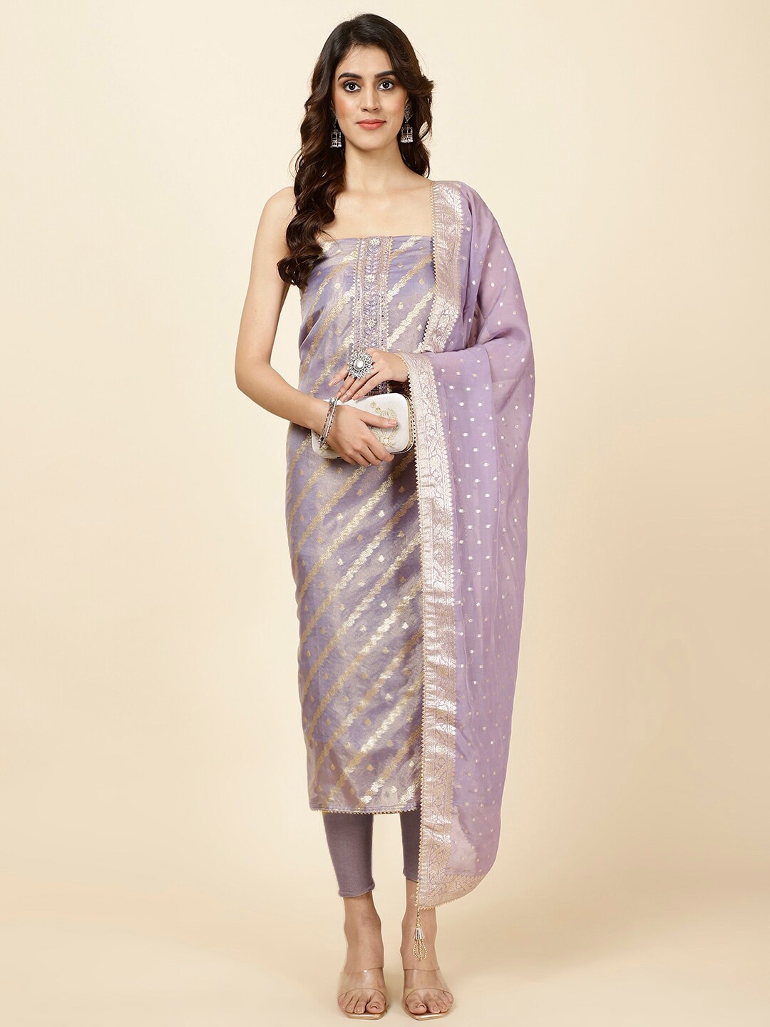 

Meena Bazaar Ethnic Motifs Woven Design Unstitched Dress Material, Purple