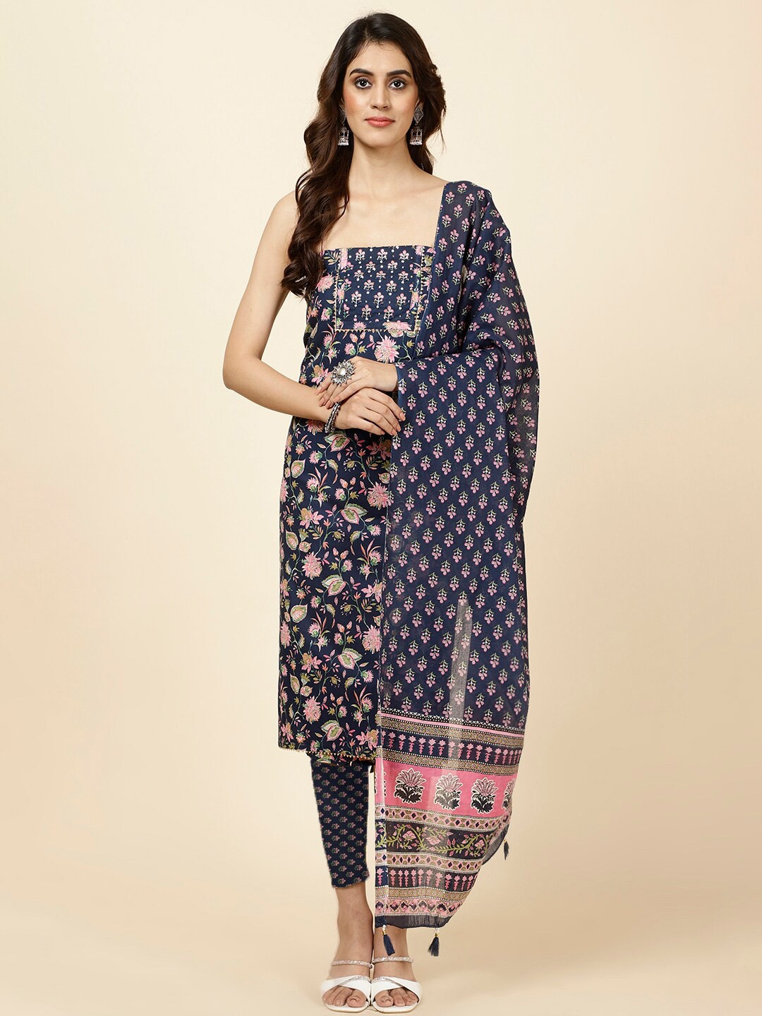 

Meena Bazaar Floral Printed Gotta Patti Unstitched Dress Material, Navy blue