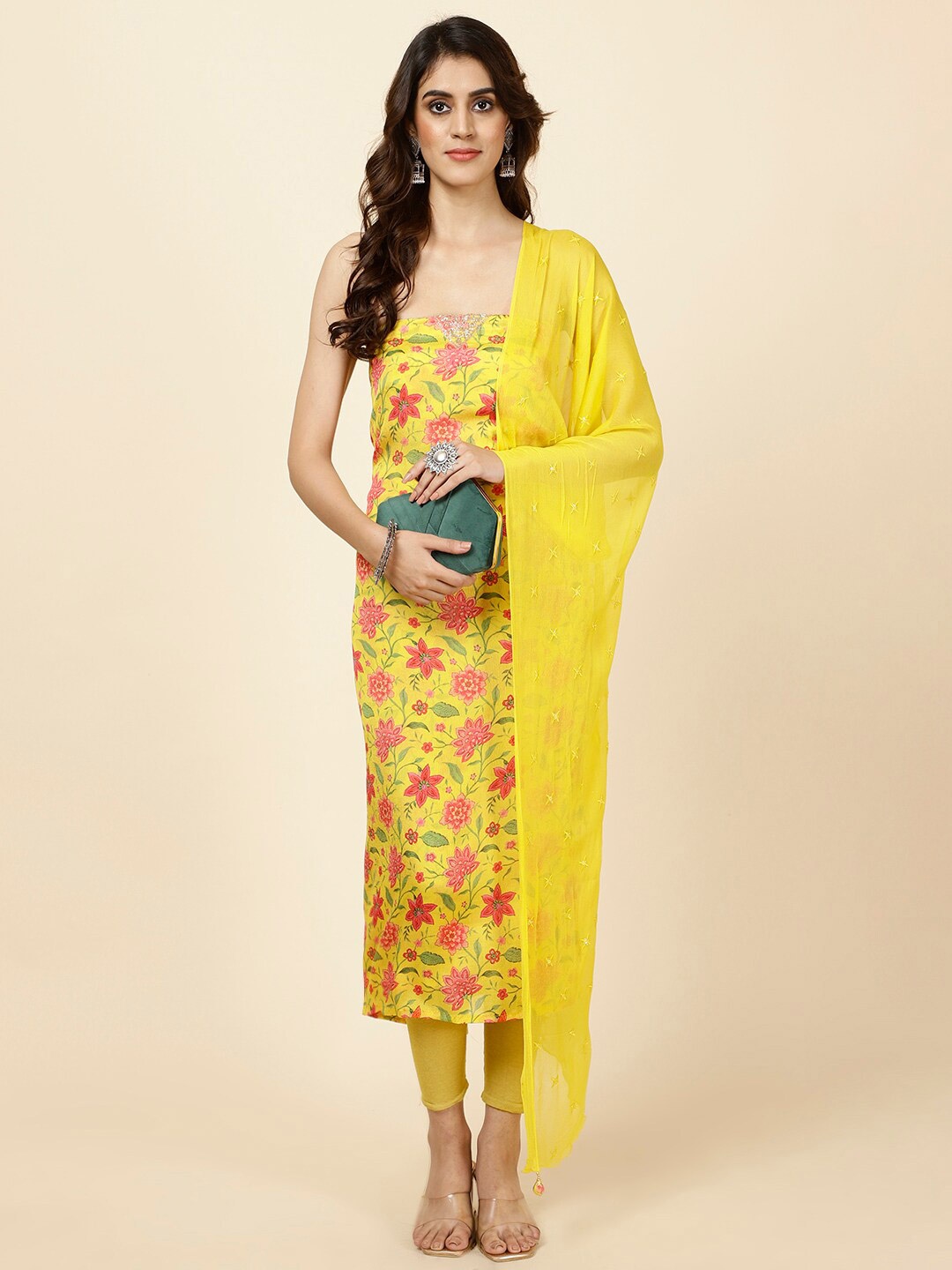 

Meena Bazaar Floral Printed Unstitched Dress Material, Yellow