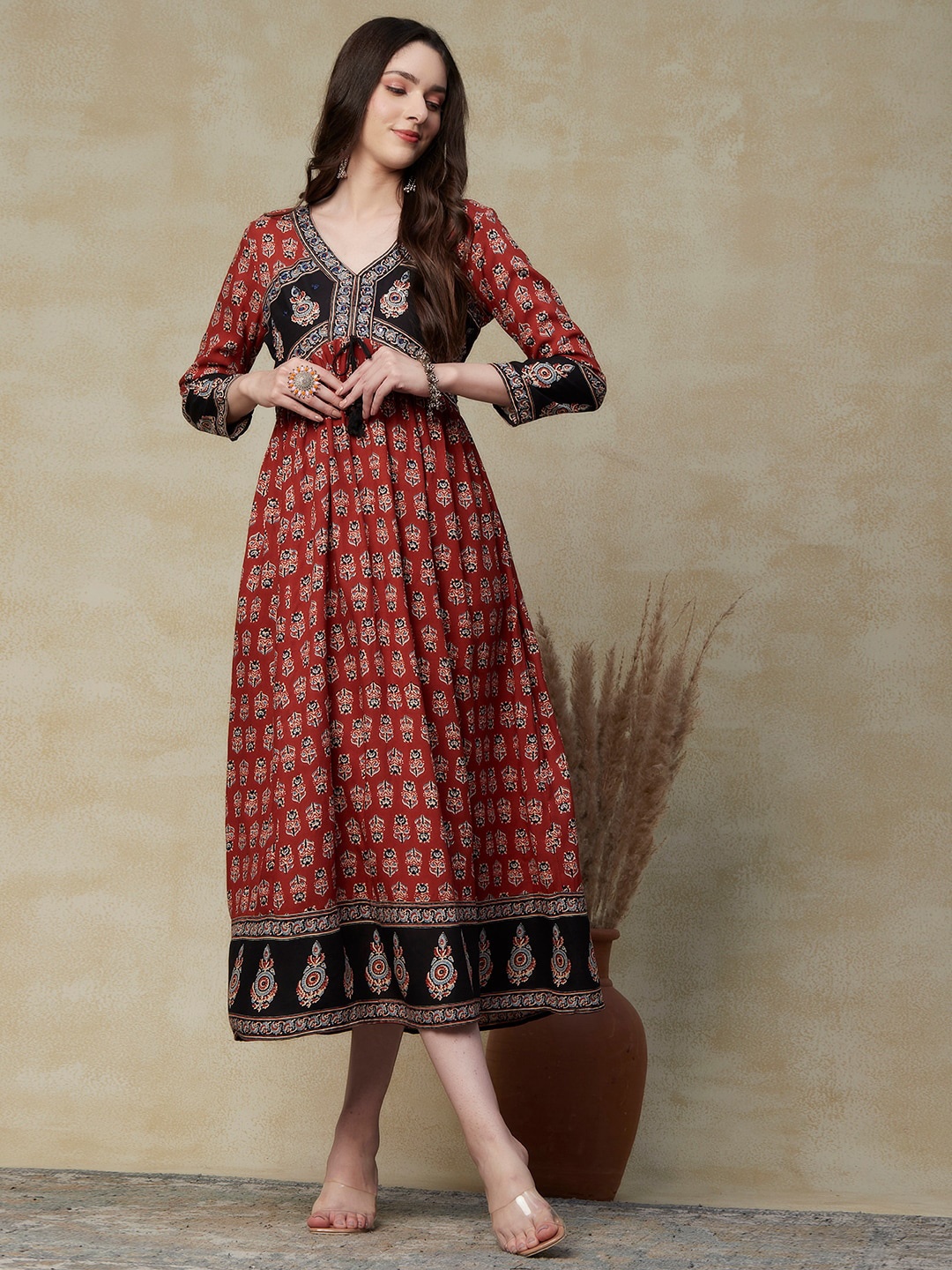 

FASHOR Floral Printed Fit & Flare Midi Ethnic Dresse, Rust
