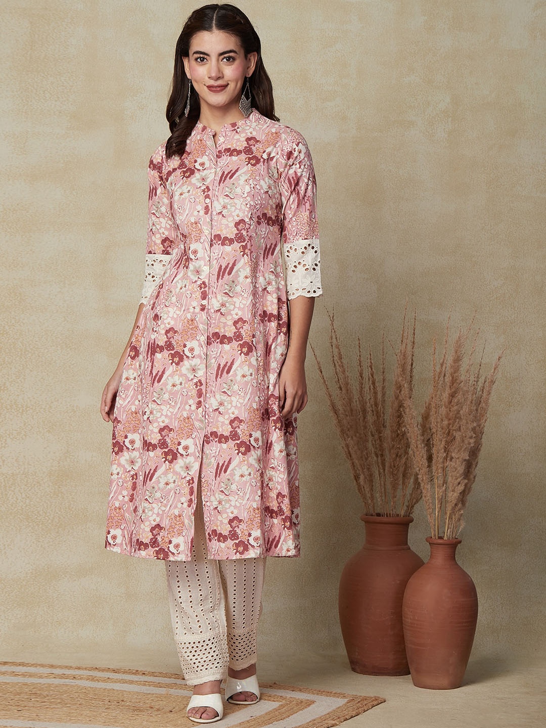 

FASHOR Floral Printed Mandarin Collar Schiffili Lace Embellished Cotton A-Line Kurta, Rose