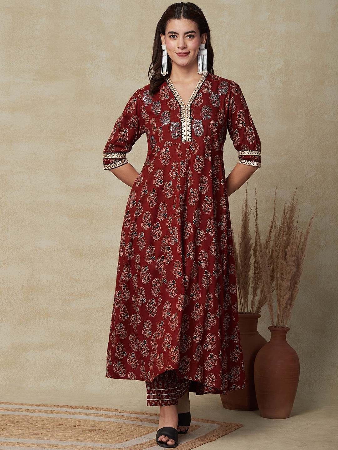 

FASHOR Maroon Paisley Printed Mirror Work Sequinned Anarkali Kurta with Trousers, Brown