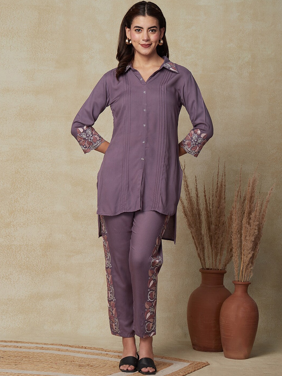 

FASHOR Floral Embroidered Shirt Collar Neck Tunic & Flared Trouser, Purple