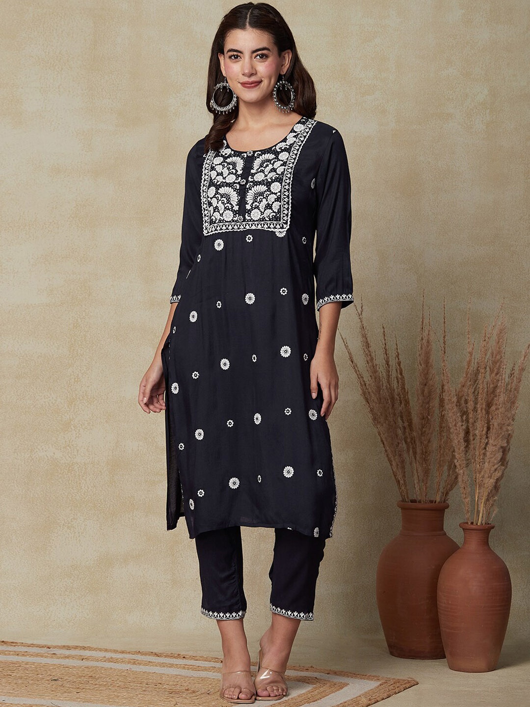 

FASHOR Blue Floral Embroidered Regular Kurta with Trousers