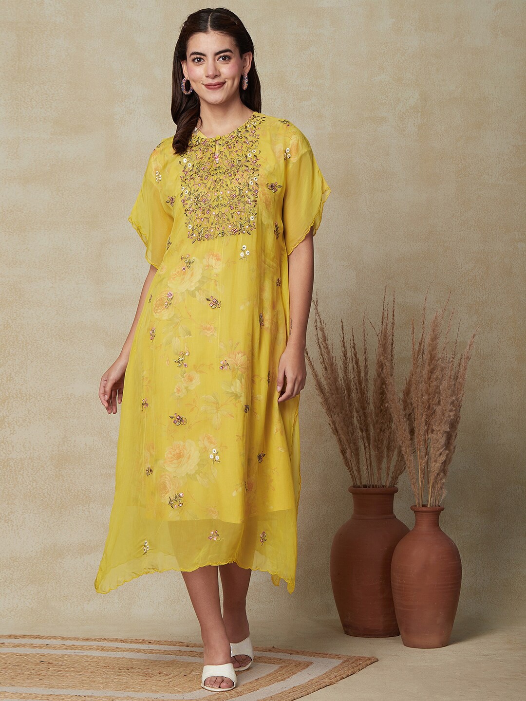 

FASHOR Floral Embroidered Linen Kimono Sleeves Kaftan Ethnic Dress, Yellow