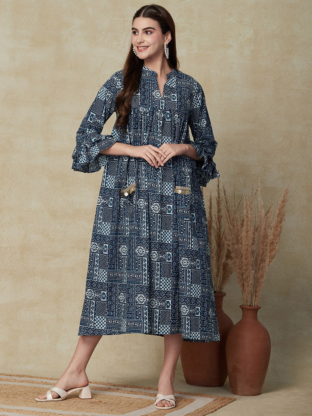 

FASHOR Ethnic Motifs Printed Cotton Bell Sleeves A-Line Midi Ethnic Dress, Blue