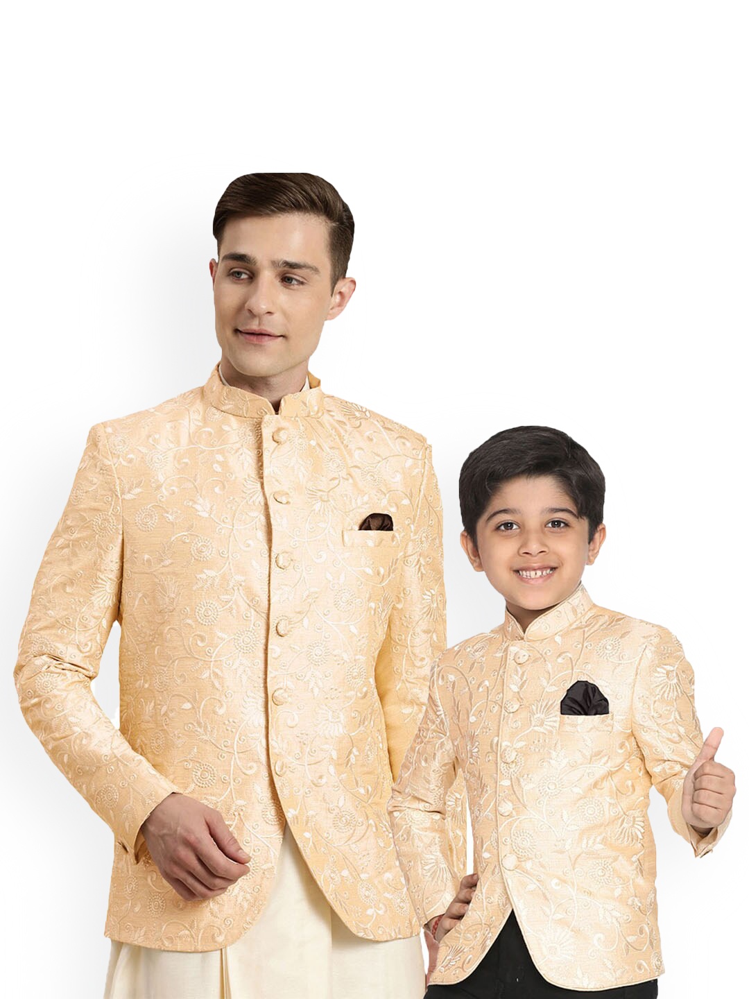 

VASTRAMAY Boys Floral Embroidered Silk Bandhgala Blazers, Beige
