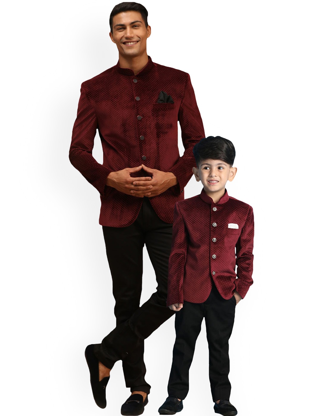 

VASTRAMAY Boys Polka Dot Printed Slim-Fit Bandhgala Party Blazer, Maroon