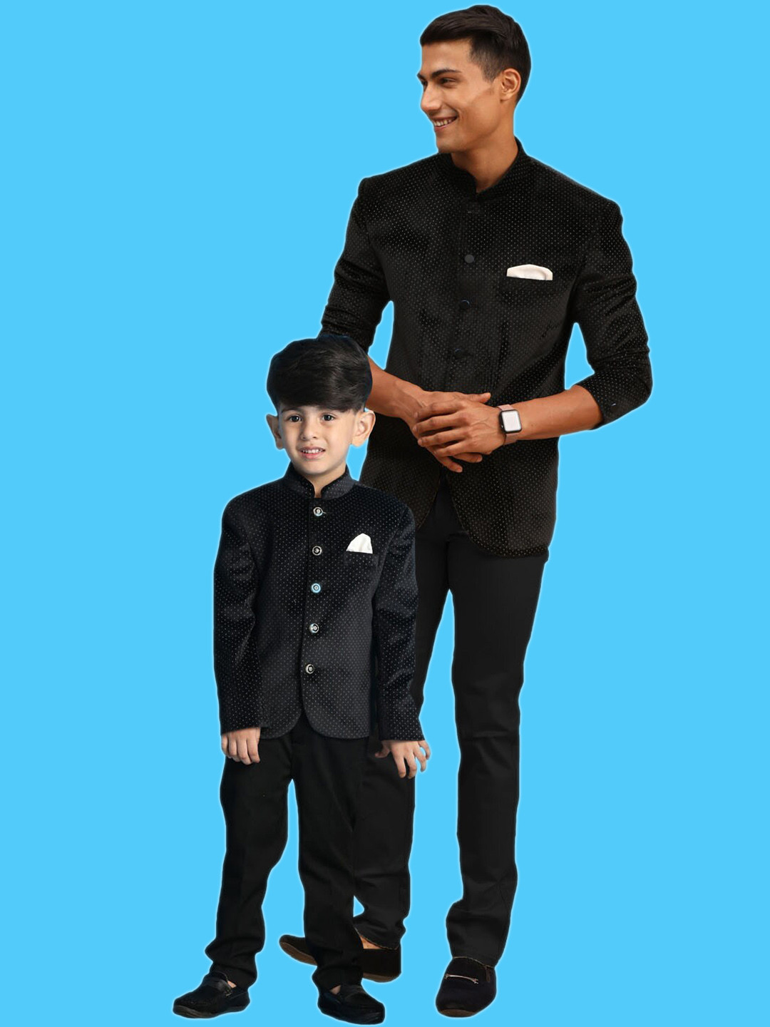 

VASTRAMAY Boys Polka Doted Single Breasted Velvet Bandhgala Blazer, Black