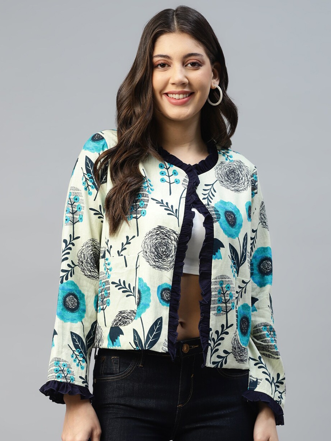 

DEEBACO Floral Cotton Round Neck With Frill Shrug, Cream