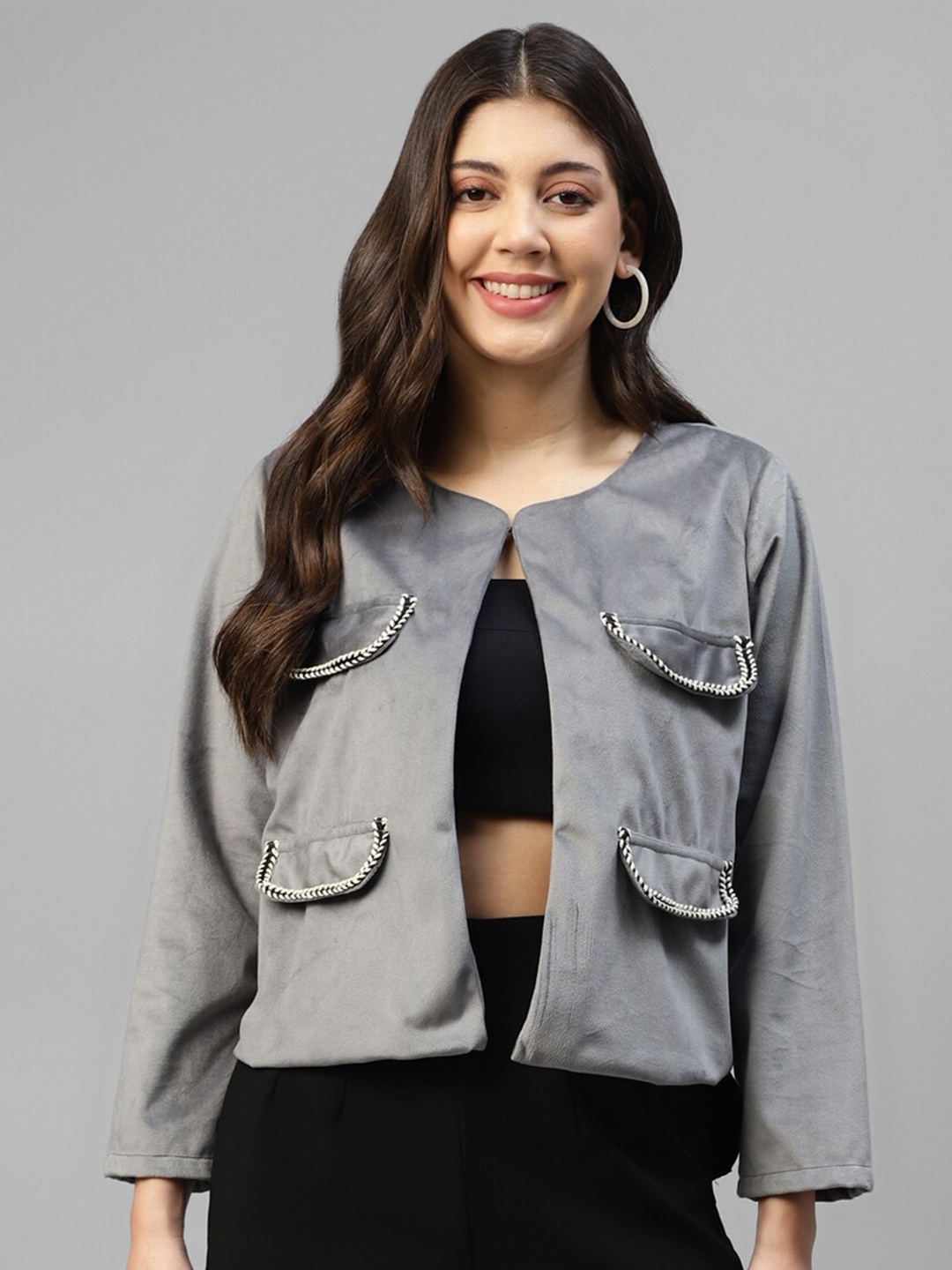 

DEEBACO Velvet Open Front Shrug, Grey
