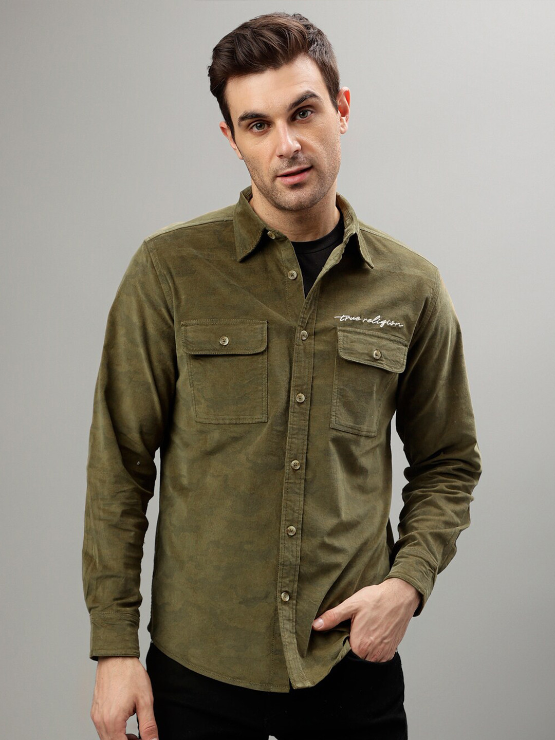 

True Religion Typography Printed Spread Collar Casual Shirt, Olive