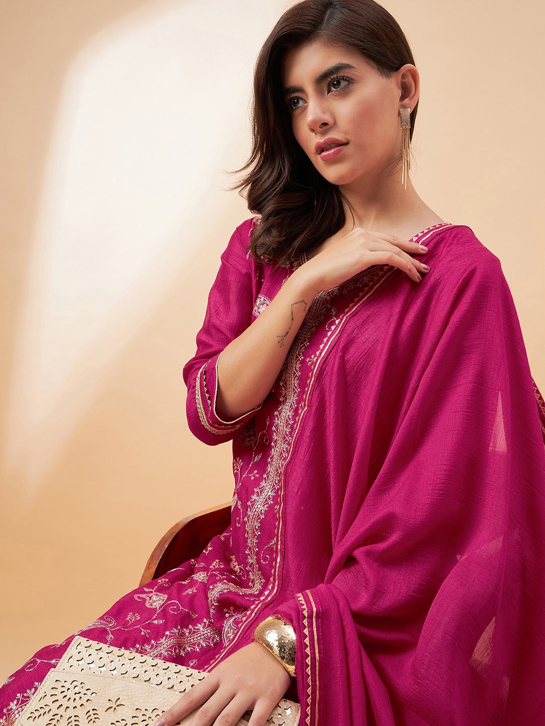 

all about you Ethnic Motifs Embroidered Sequined Kurta With Trouser& Dupatta, Pink