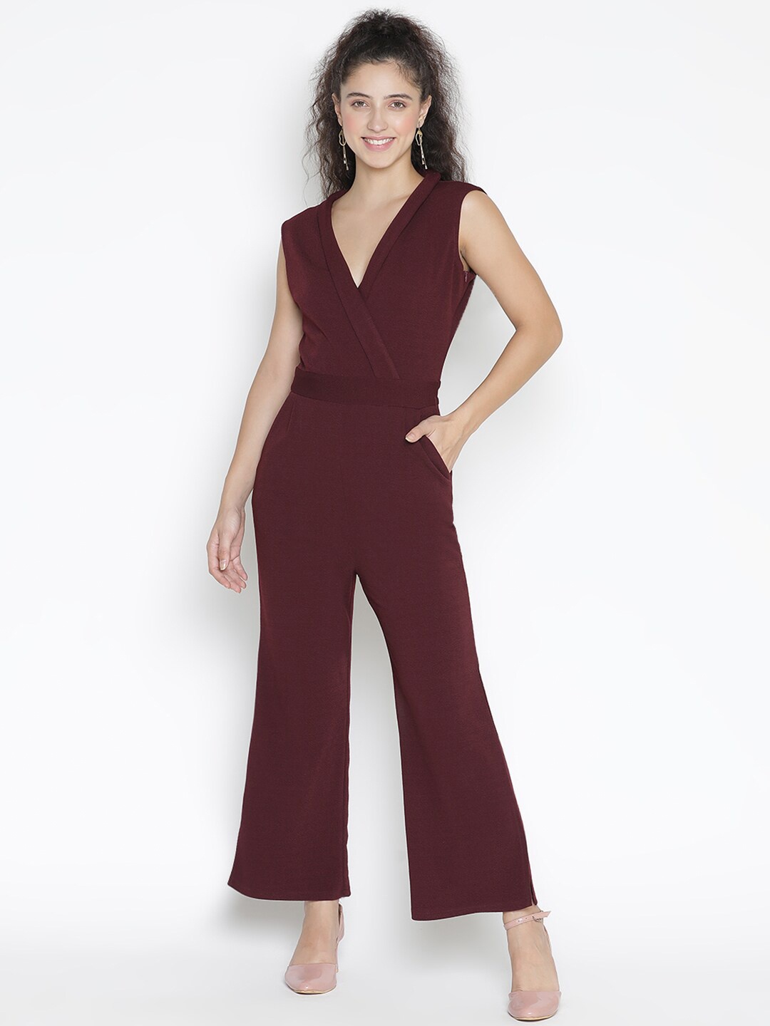 

DRAAX Fashions V-Neck Cropped Wrap Jumpsuit, Maroon