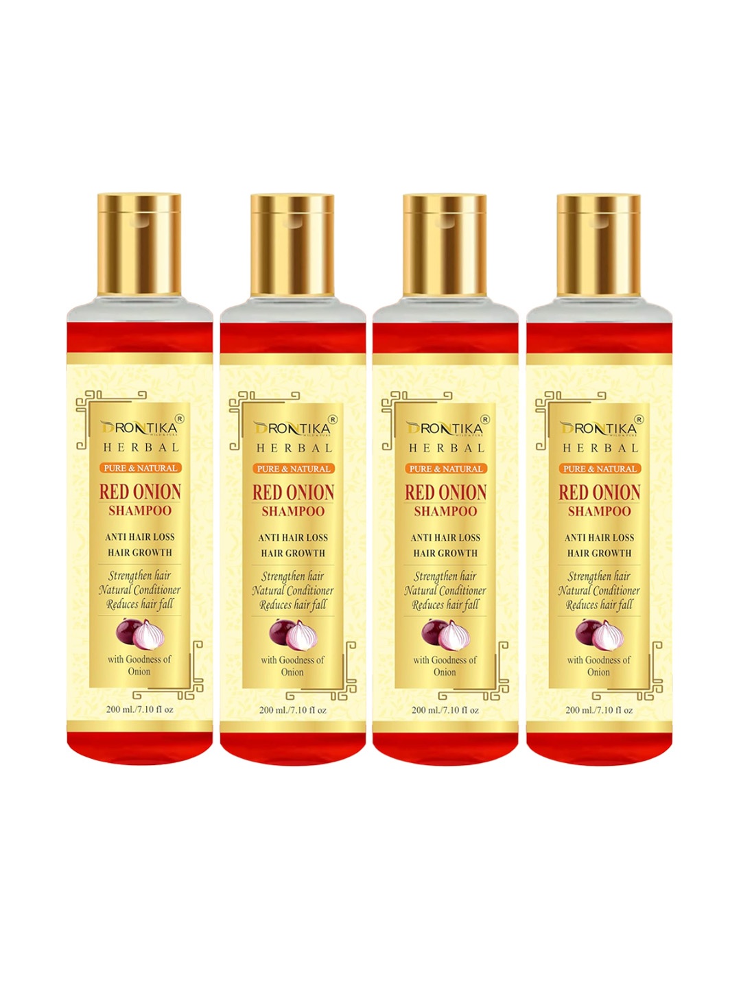 

DRONTIKA Herbal Set of 4 Pure & Natural Red Onion Shampoo for Hair Growth - 200ml Each