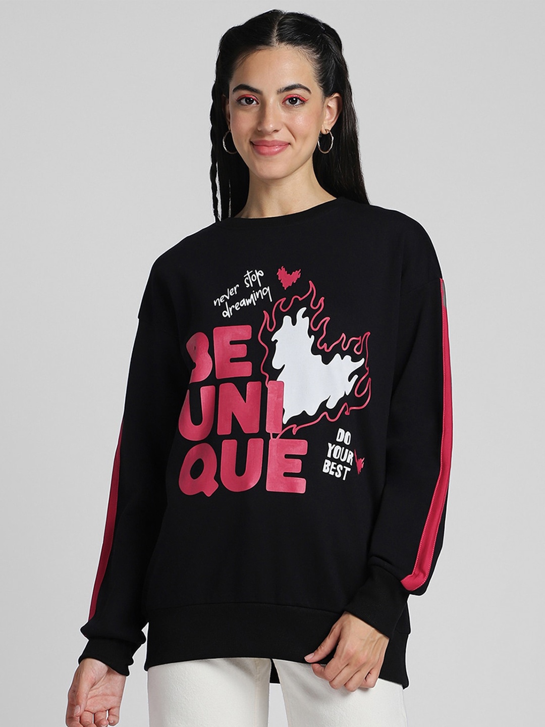 

JUNEBERRY Typography Printed Ribbed Fleece Pullover Sweatshirt, Black