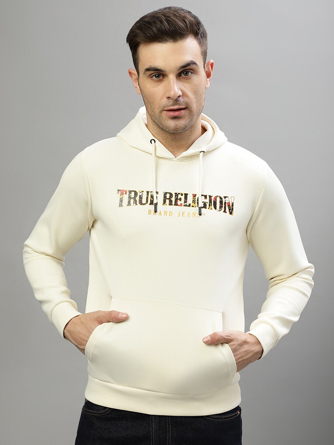 

True Religion Typography Printed Hooded Pullover Sweatshirt, Off white