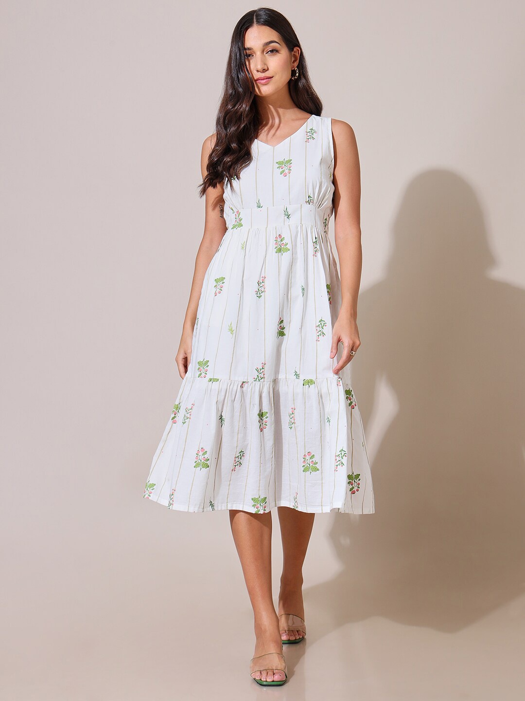 

Saaki Floral Printed Sleeveless Cotton Tiered Dress, White