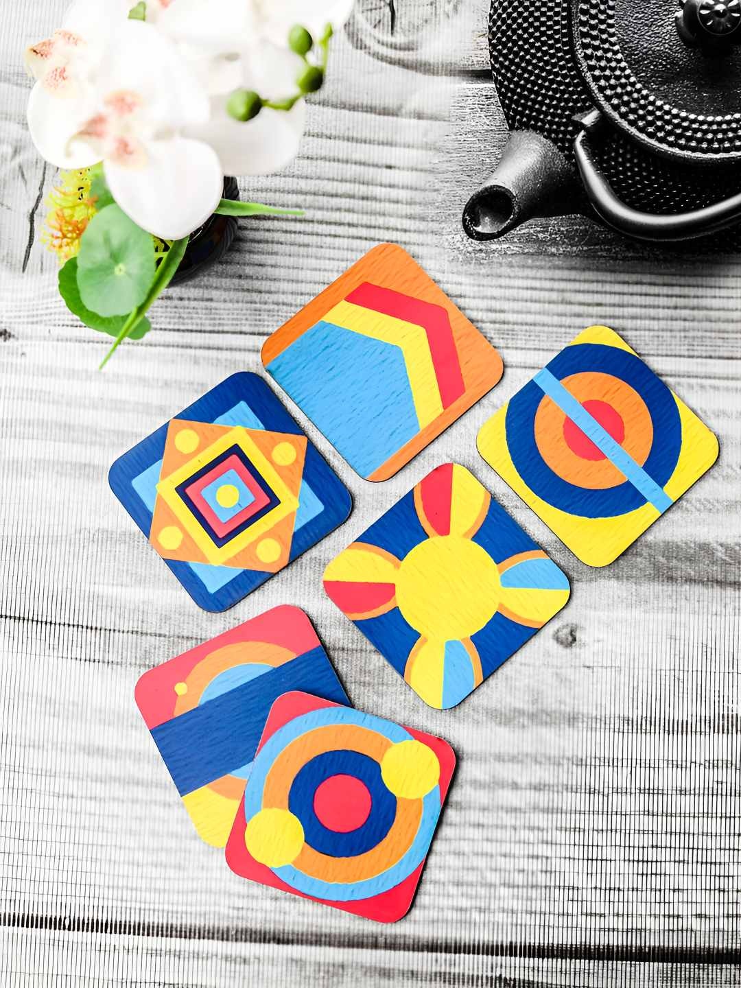 

Homspurts Blue & Yellow 6 Pieces Geometric Printed Square Coasters