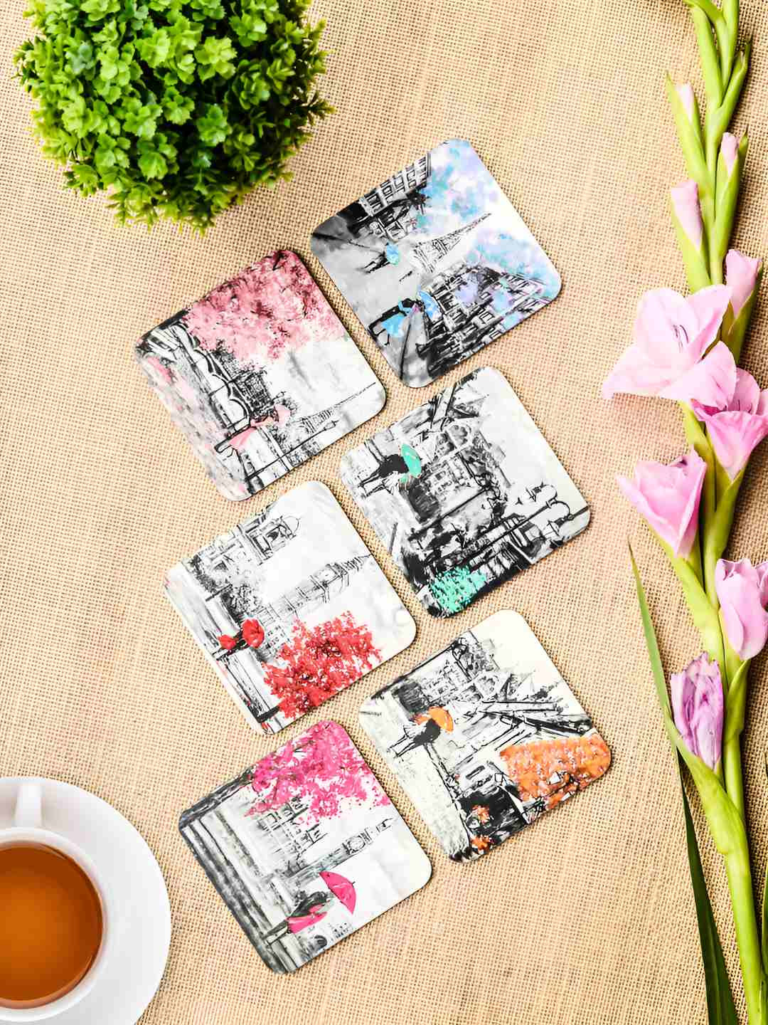 

Homspurts Black & White 6 Pieces Printed Square Wooden Coasters