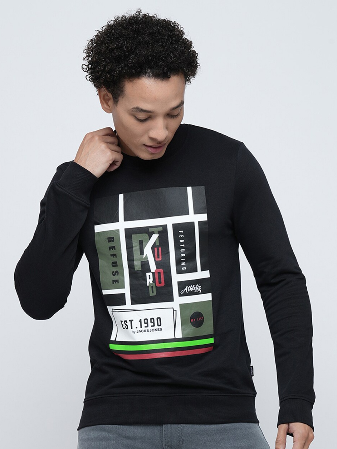 

Jack & Jones Graphic Printed Cotton Pullover Sweatshirt, Black