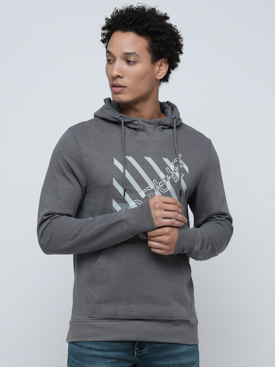 

Jack & Jones Typography Printed Cotton Hooded Sweatshirt, Grey