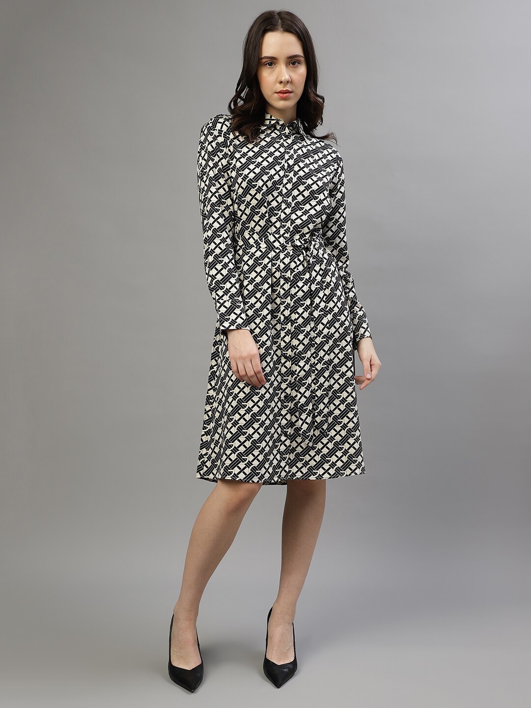 

GANT Geometric Printed Cuffed Sleeves Belted Shirt Dress, Cream