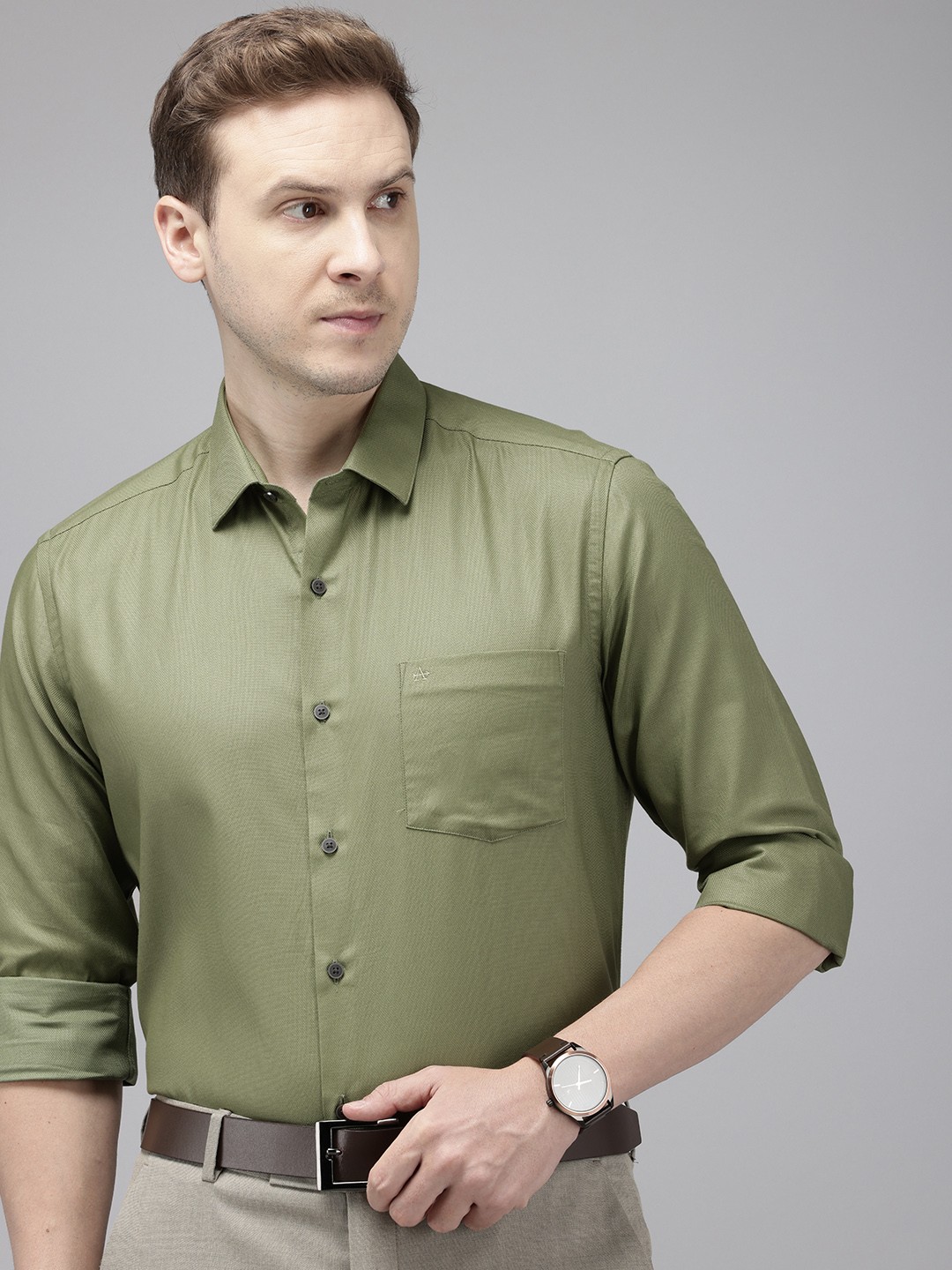 

Arrow Pure Cotton Manhattan Slim Fit Self Design Textured Formal Shirt, Green