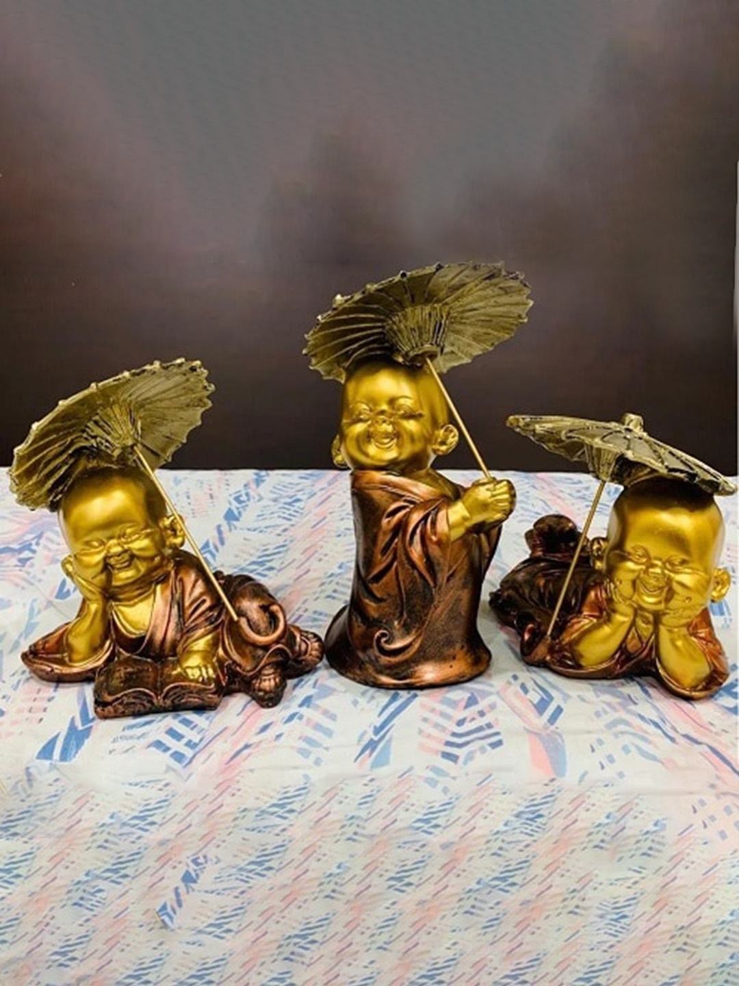 

ECLAT FURNISH Gold Toned & Green Antique Buddha Umbrella Monk Statue Showpiece