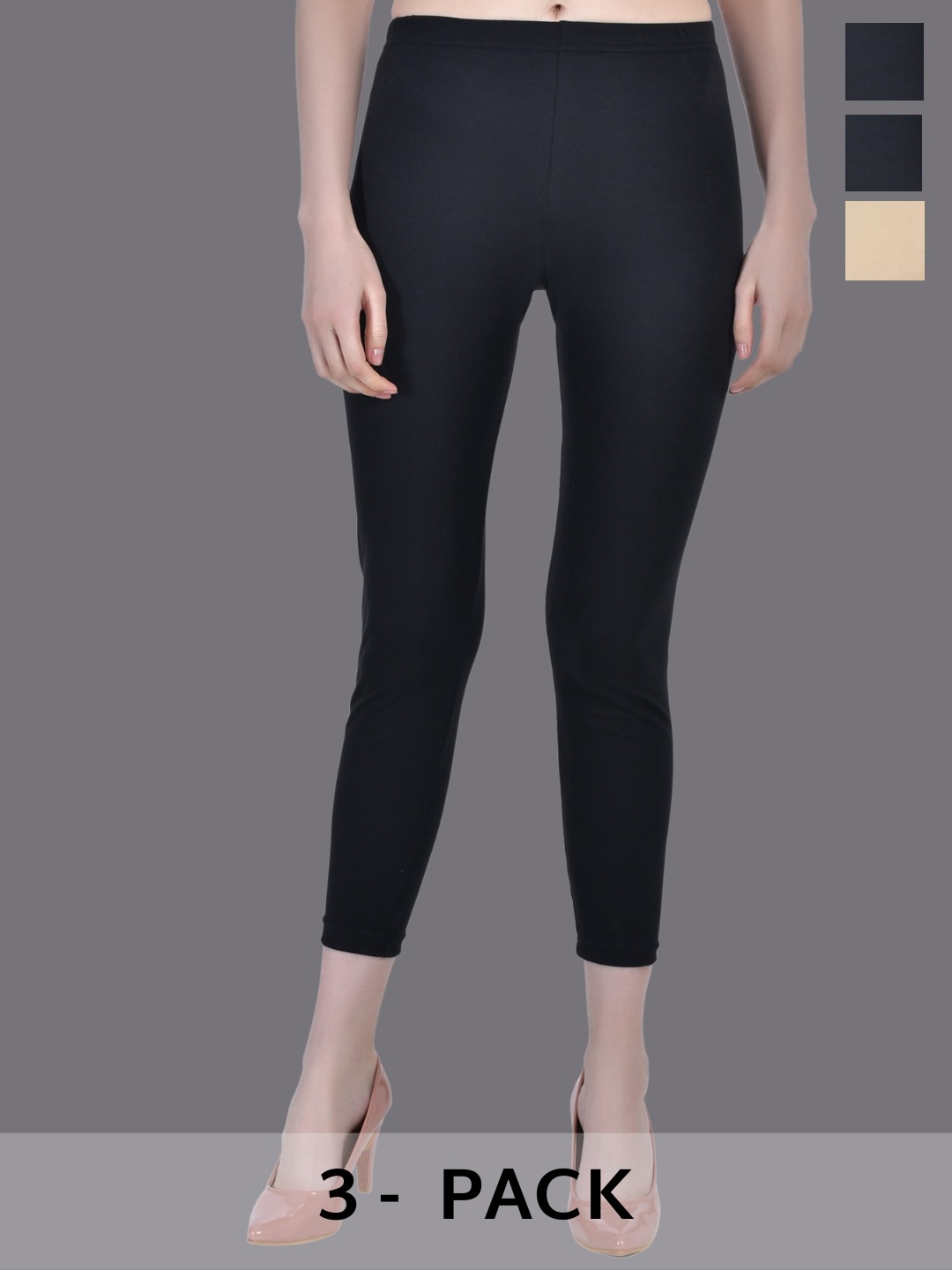 

Aimly Pack Of 3 Pure Cotton Skinny Fit Ankle Length Leggings, Black