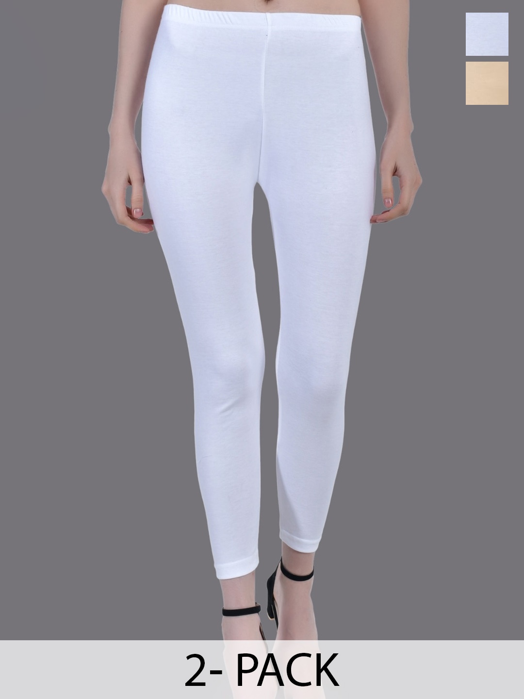 

Aimly Pack Of 2 Mid-Rise Cotton Skinny-Fit Ankle Length Leggings, White