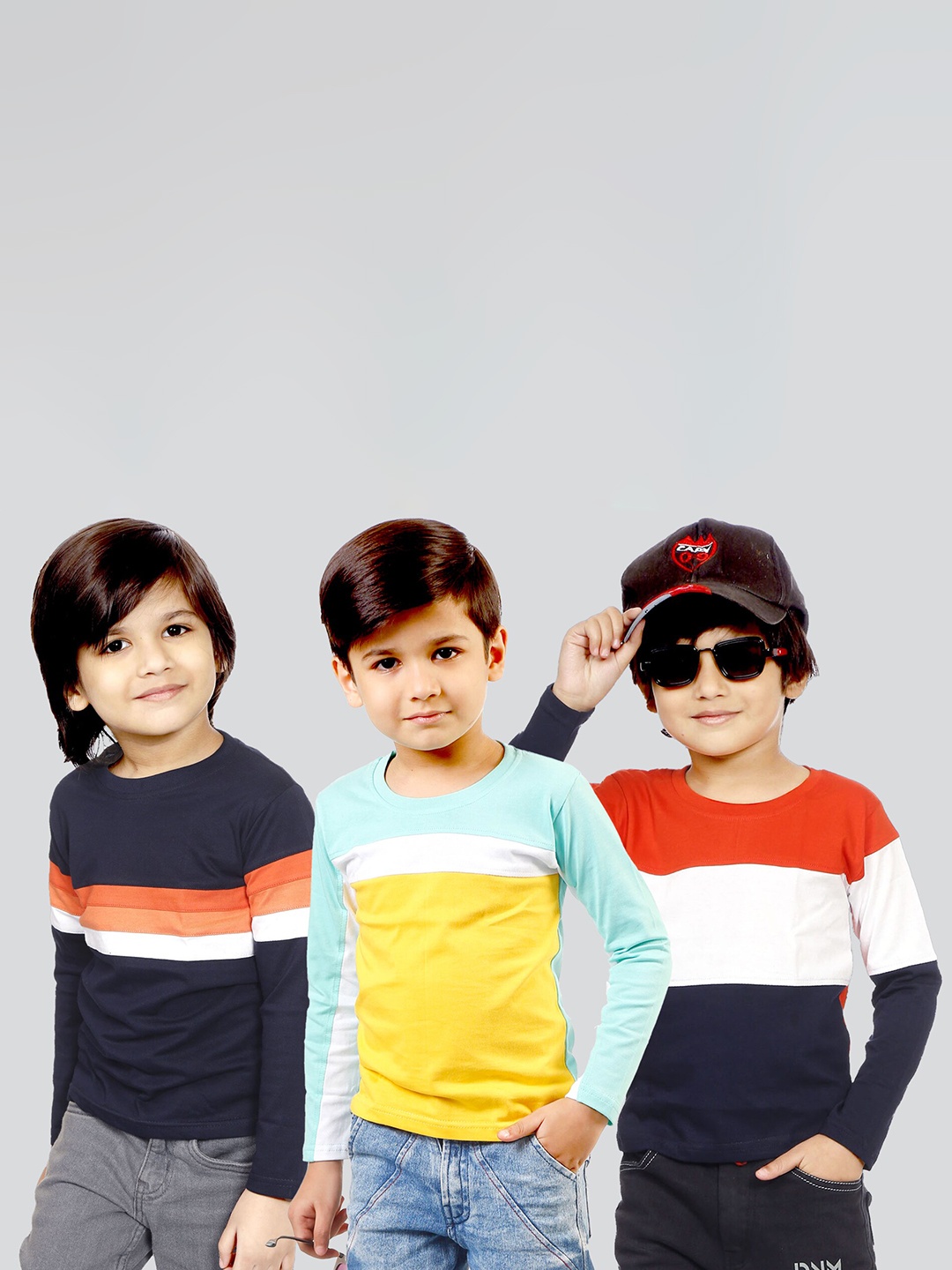 

Mojua Boys Pack Of 3 Colourblocked Bio Finish Pure Cotton T-shirt, Navy blue