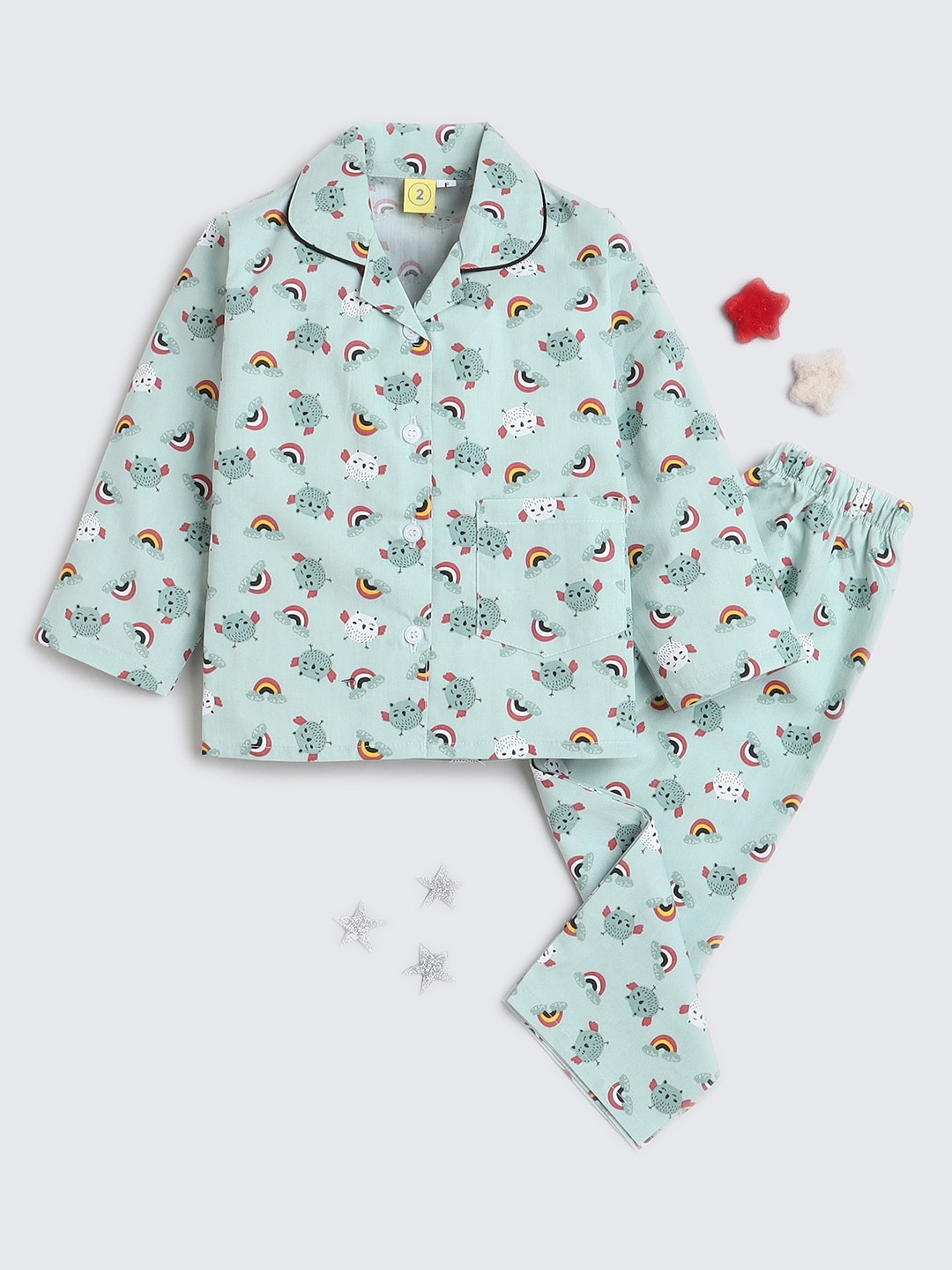 

The Magic Wand Kids Conversational Printed Pure Cotton Shirt With Trousers, Blue