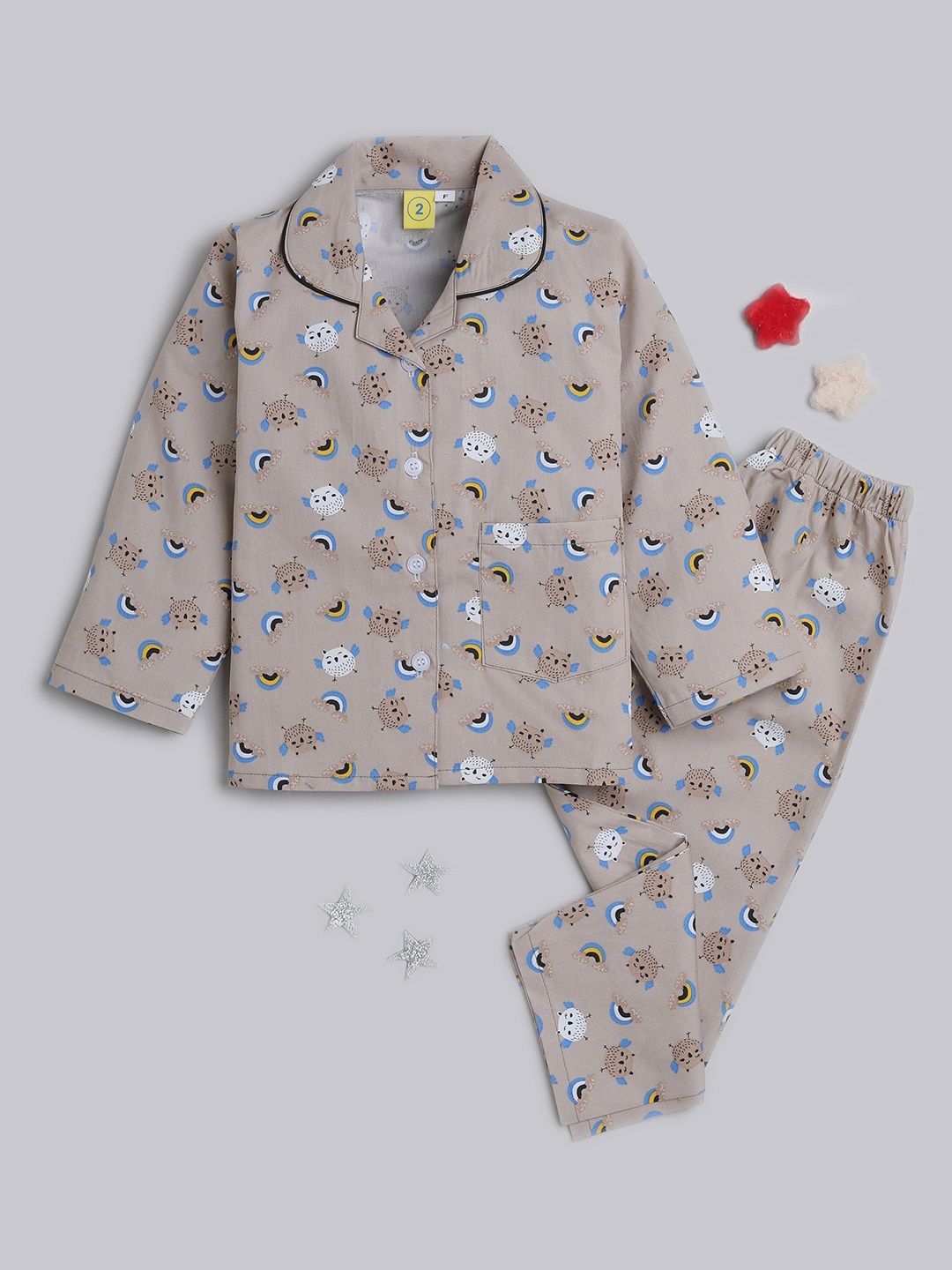 

The Magic Wand Kids Conversational Printed Pure Cotton Shirt With Trousers, Beige