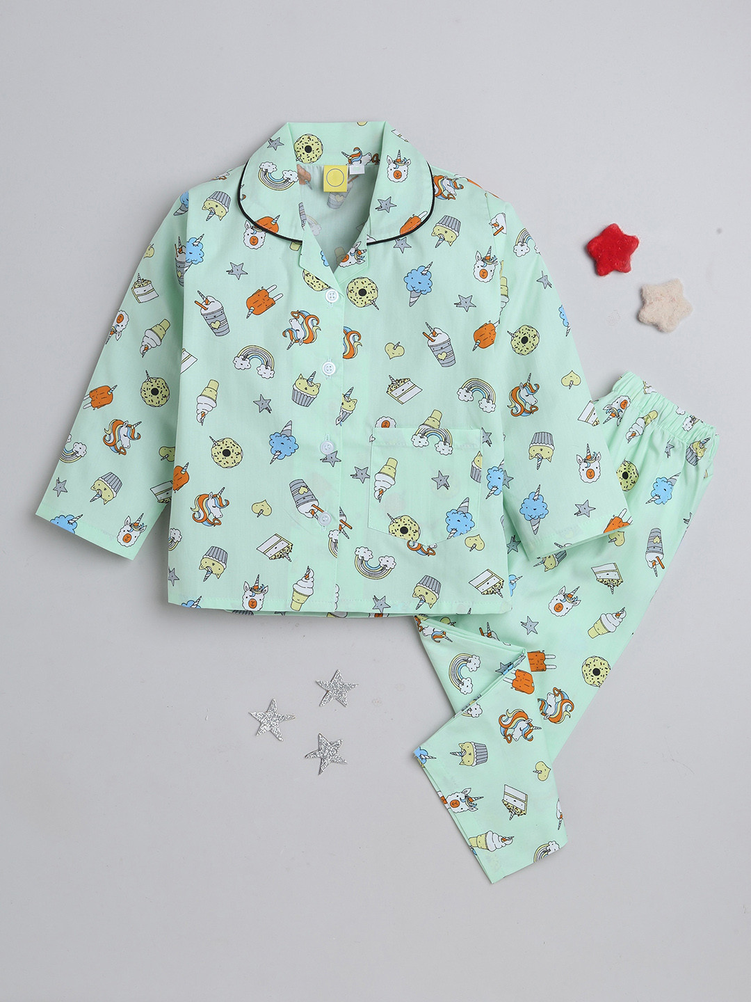 

The Magic Wand Kids Graphic Printed Pure Cotton Shirt & Lounge Pant, Green