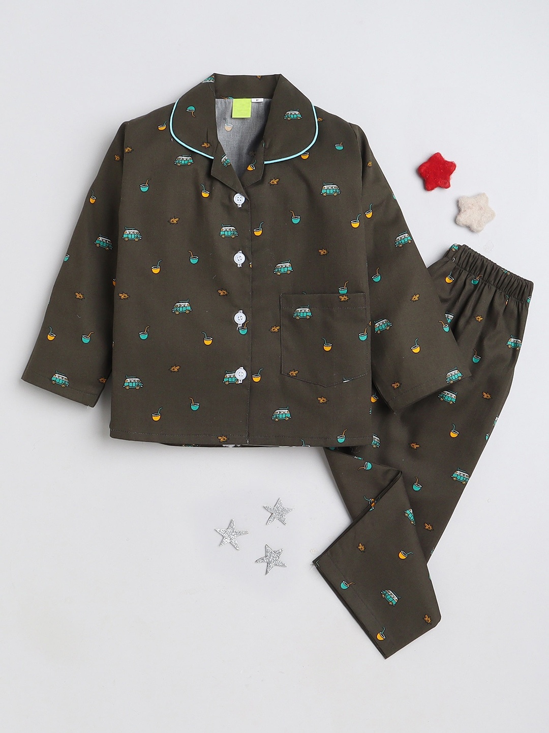 

The Magic Wand Kids Graphic Printed Pure Cotton Shirt & Lounge Pant, Olive