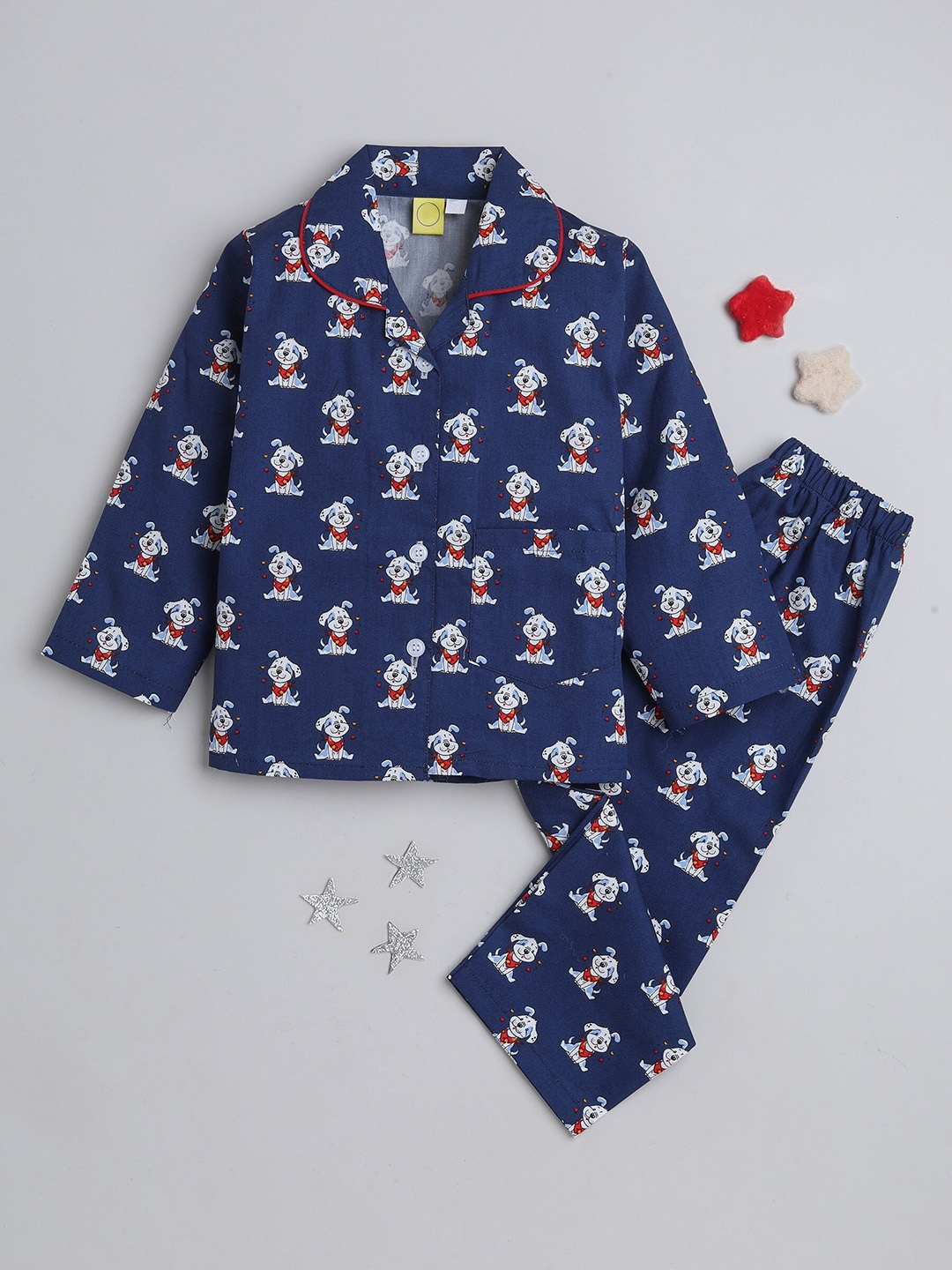 

The Magic Wand Kids Conversational Printed Pure Cotton Shirt With Trousers, Navy blue