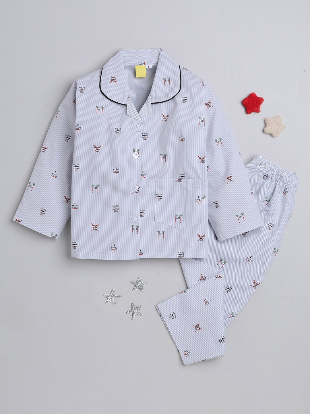 

The Magic Wand Kids Conversational Printed Pure Cotton Shirt With Trousers, Off white