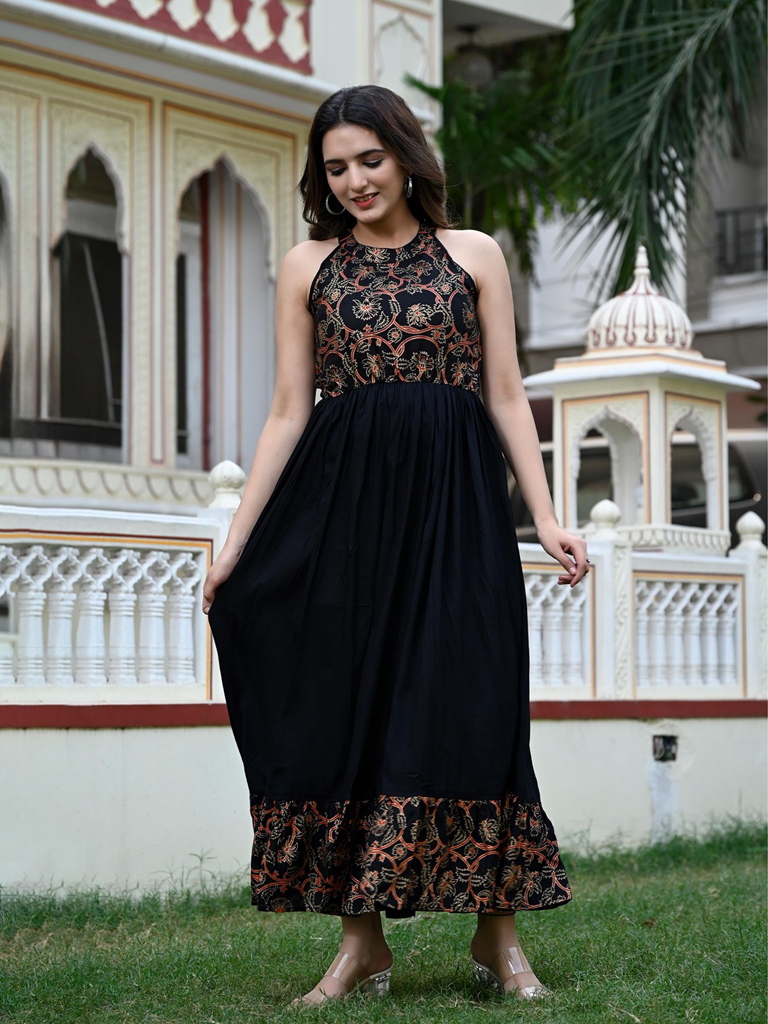 

KALINI Floral Printed Halter Neck Gathered Detailed Maxi Ethnic Dress, Black