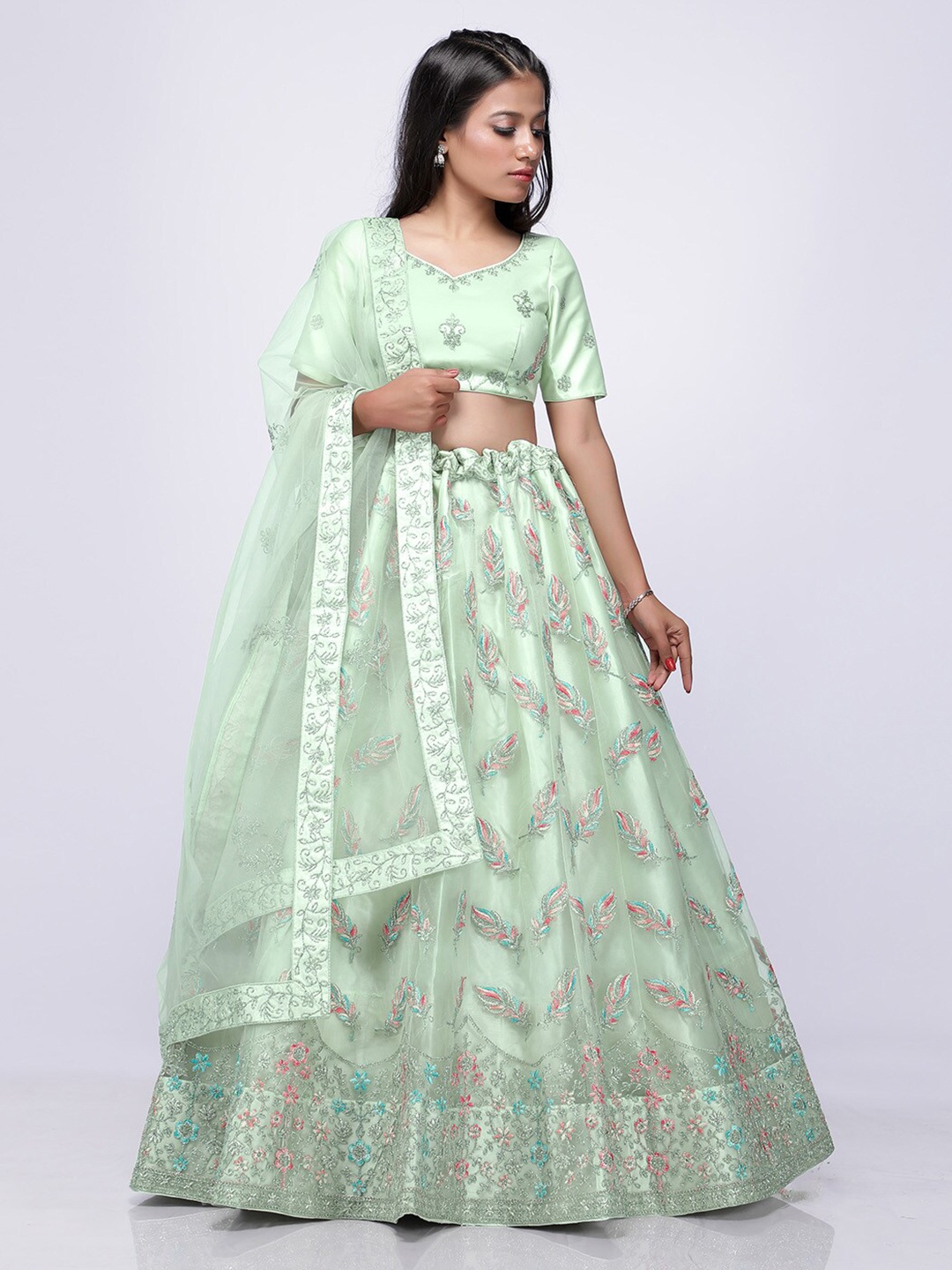 

HALFSAREE STUDIO Embroidered Semi-Stitched Lehenga & Unstitched Blouse With Dupatta, Green