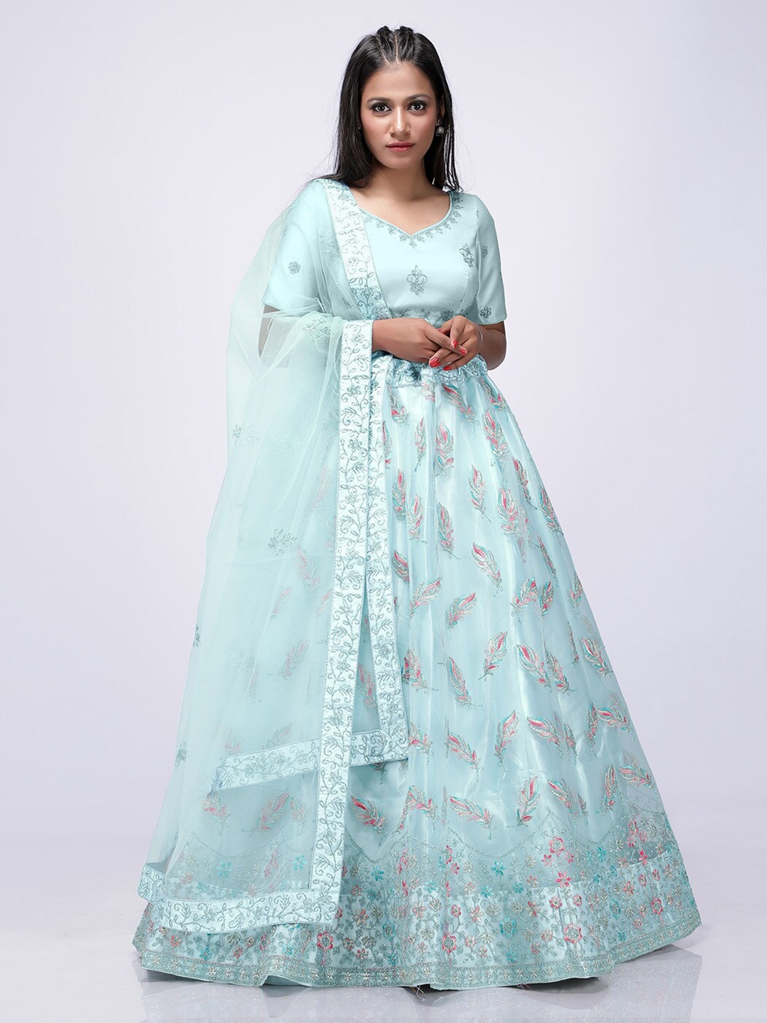 

HALFSAREE STUDIO Embroidered Net Semi Stitched Lehenga & Unstitched Blouse With Dupatta, Green