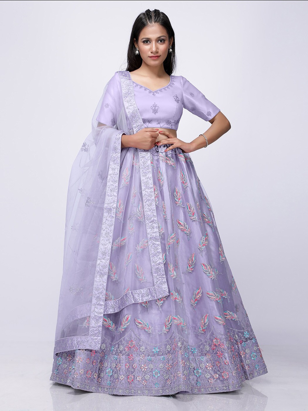 

HALFSAREE STUDIO Embroidered Net Semi Stitched Lehenga & Unstitched Blouse With Dupatta, Purple