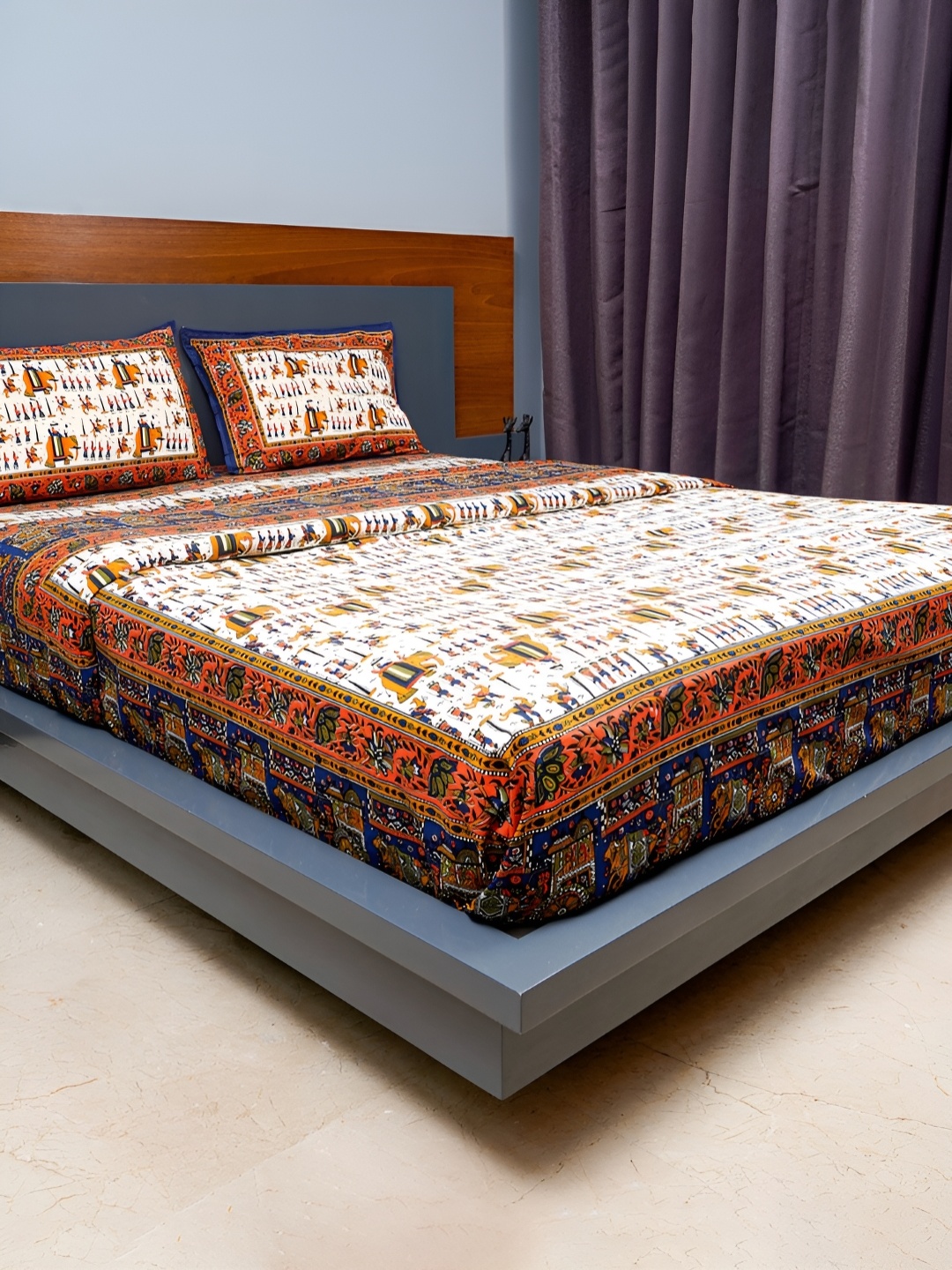 

inizio White Orange Ethnic Motifs Cotton 220 TC King Bedsheet with 2 Pillow Covers