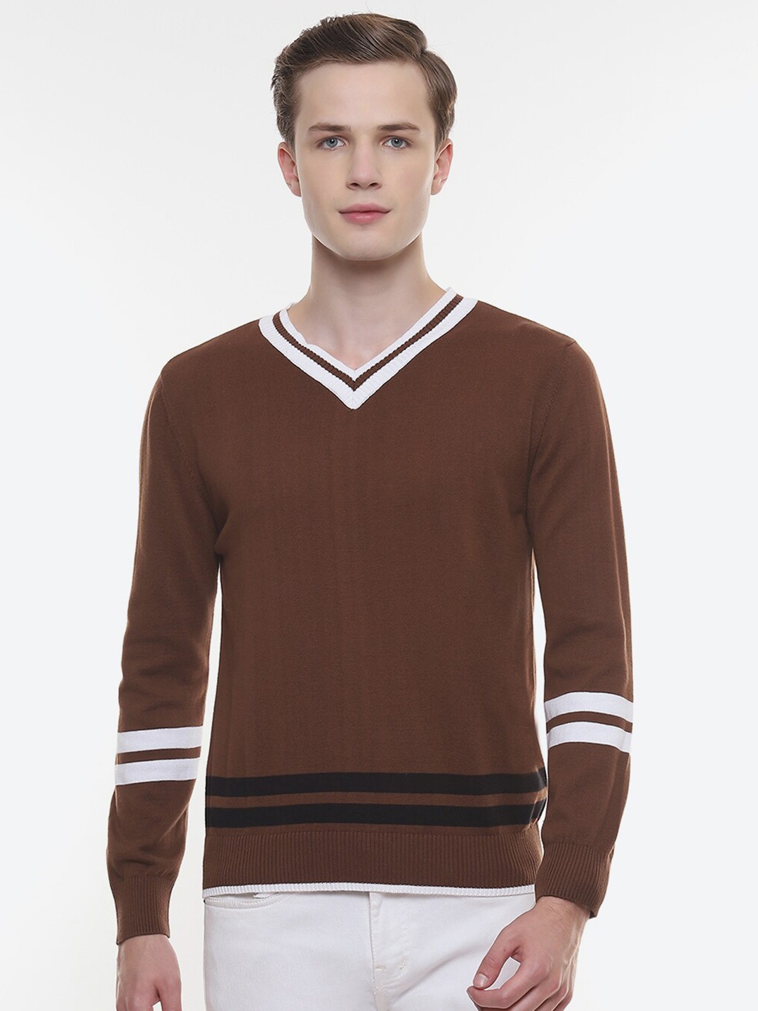 

2Bme V-Neck Pullover Cotton Sweater, Brown