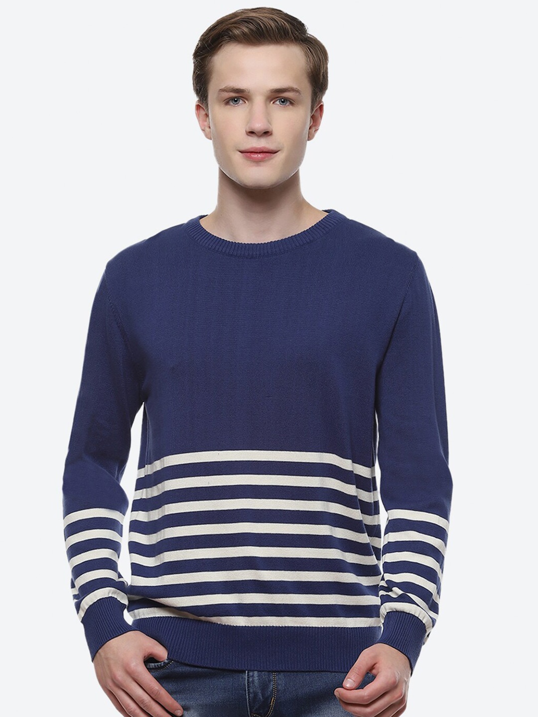 

2Bme Striped Pullover Cotton Sweater, Navy blue