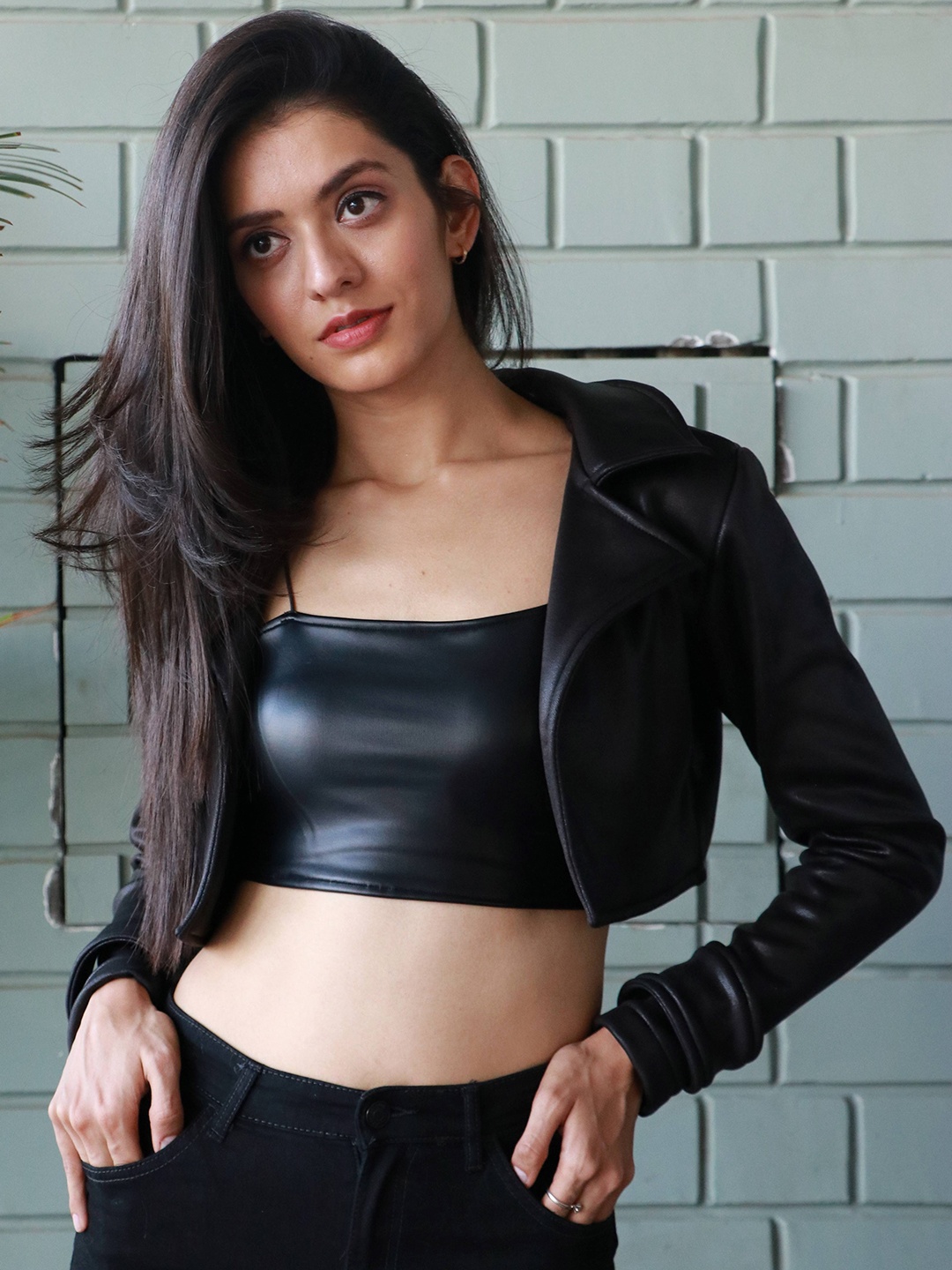 

StyleAsh Lapel Collar Lightweight Crop Leather Jacket, Black