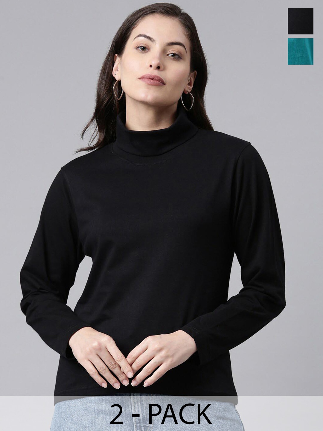 

Kryptic Pack Of 2 High Neck Long Sleeves Cotton T-shirt, Black