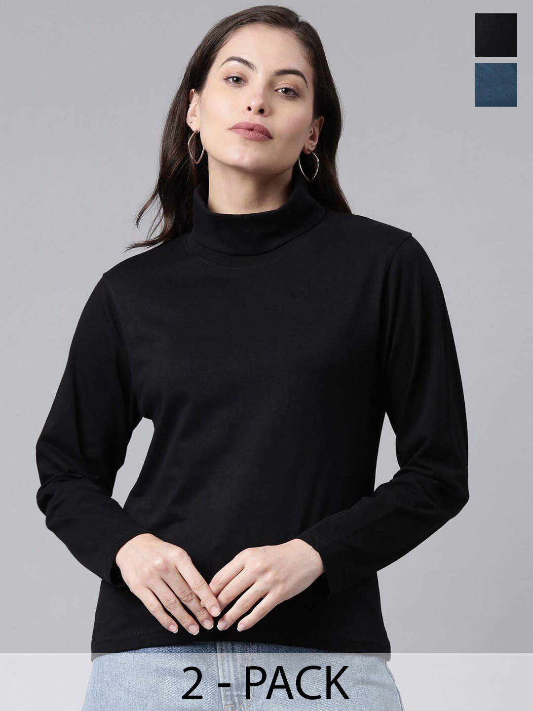 

Kryptic Pack Of 2 High Neck Long Sleeves Cotton T-shirt, Black