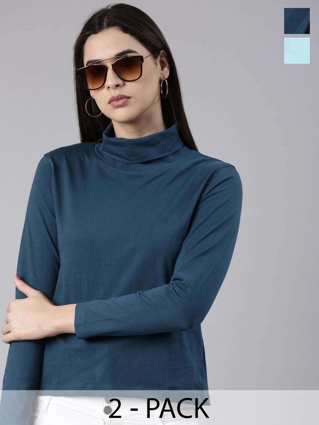 

Kryptic Pack Of 2 High Neck Long Sleeve Cotton Regular Fit T-shirts, Teal