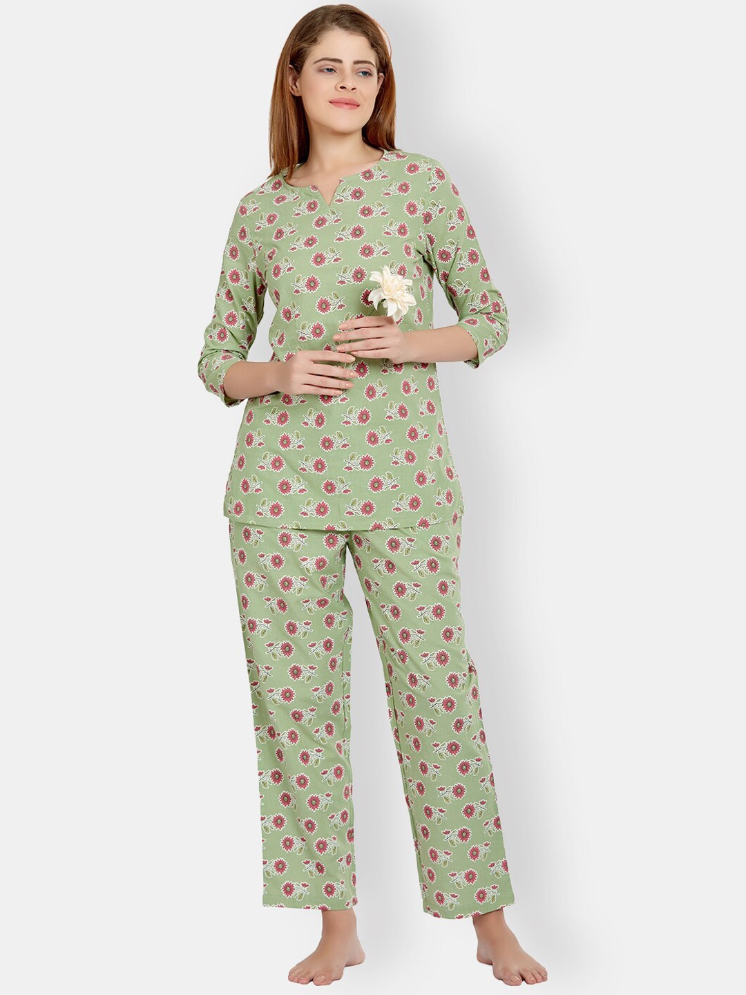 

MAYSIXTY Floral Printed Night Suit, Olive